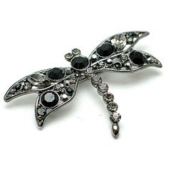 Black and Smokey Color Austrian Rhinestone Dragonfly Design Silver-Tone Brooch / Pin
