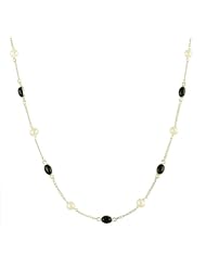 Sterling Silver with 10 Freshwater Pearls and 7 Black Onyx Oval Cabochon Necklace, 18"