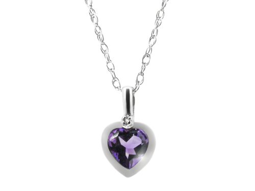 9ct White Gold Amethyst & Diamond Heart  Rubover Pendant On 18 Rope Chain