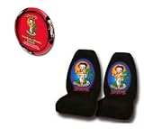 A Set of 2 Front Universal Fit Bucket Seat Cover and Steering Wheel Cover - Betty Boop Hawaii Grass Skirt Aloha