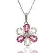 Pear Pink & White Topaz Flower Pendant w/ Chain Dangling in Solid White Gold