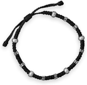 Adjustable Macrame Beaded Bracelet 8" - 10" adjustable black cotton cord macrame bracelet with sterling silver beads. The stamped sterling silver beads are 2.5mm x 5mm and the matte finish beads are 4mm x 6mm. .925 Sterling Silver