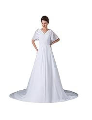 V-neck Short Sleeves Chiffon Empire   Waistline  Dress with a Chapel Train 