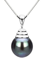 14k White Gold Perfect Round Black South Sea Tahitian Pendant with 16" Length Chain Necklace AAA Quality.