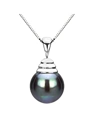 14k White Gold 9-10mm Perfect Round Black South Sea Tahitian Pendant with 18" Length Chain Necklace AAA Quality.