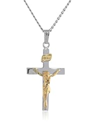 Sterling Silver "Two-Tone" Crucifix Cross Pendant Necklace , 18"