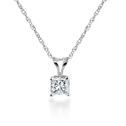 14k White Gold, Princess-Cut, Diamond Classic 4-Prong Solitaire Pendant (1/10 cttw, J-K Color, I2-I3 Clarity), 18"