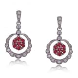 14k White Gold Dangle Flower Earrings w Ruby & Diamonds