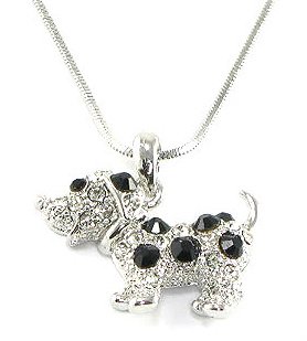 Adorable Black and White Ice Crystal Covered Spotted Puppy Dog Charm Necklace Silver Tone