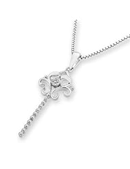 18K White Gold Fleur-De-Lis Diamond Solitaire Key Pendant W/ 16 Silver Box Chain Necklace (1/20 cttw, G-H Color, VS2-SI1 Clarity, 16"), Women Jewelry in Gift Box