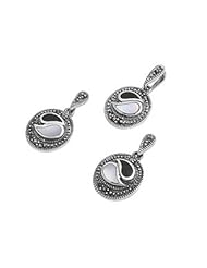 Sterling Silver Pearl Onyx Tear Drop Stone Yin Yang Marcasite Earring Pendant Set