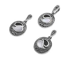 Sterling Silver Marcasite Pendant and Earrings Set - Yin-Yang - Mother of Pearl and Black Onyx