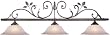 Tarnished silver/gold finish decorative wrought iron light with 3 milky alabaster glass shades and timeless leaf accents