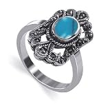 Reconstituted Turquoise Marcasite Oval Band Sterling Silver Ring