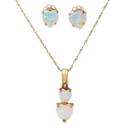 Yellow Gold Opals and 0.01 CTW Accent Diamond Heart Ladies Jewelry Set. Length 5 in. Total Item weight 0.3 g.