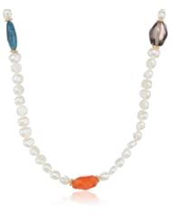 Multi-Gemstone Nuggets and Beads and Dyed Potato Freshwater Cultured Pearls White Baroque Freshwater Cultured Pearls Gold over Silver Necklace, 38"