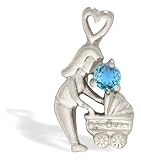 14K White Gold Genuine Round Blue Topaz Mother with Child Pendant