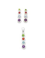 Sterling Silver Multi-Colored Cz Earrings And Pendant Set