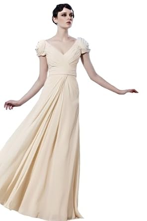 Clothes Online Shop : Orifashion Simple Elegant Chiffon Long Evening Dress with Luscious Flowered Short Sleeves Compare Prices