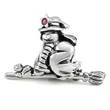 Good Witch and Kitty Cat on Broom 925 Solid Sterling Silver Authentic Ohm Bead fits European Charm Bracelet