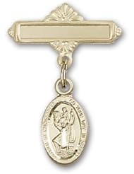 Gold Filled Baby Badge with St. Christopher Charm and Polished Badge Pin