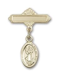 14kt Gold Baby Badge with St. Christopher Charm and Polished Badge Pin