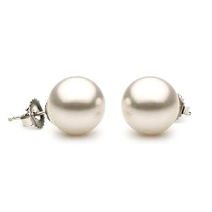 14K White Gold 8.5-9mm White Japanese Akoya Saltwater Cultured Pearl Stud Earrings AAA Quality