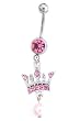 Stainless Steel Dangle Belly Ring with Pink CZ - Crown
