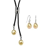 Forever Friends Peach Pink Cultured Pearl Leather Lariat Necklace w. Bar Slider & Pearl Drop Earrings Set in CAREFREE STERLING SILVER