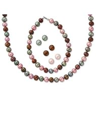 Sterling Silver FW Cultured Multi-Colored Pearl 18 in Neck. 7.25 in Bracelet & 3 Piece Earrings