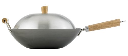 Helen Chen's Asian Kitchen Flat Bottom Carbon Steel 14-Inch Lidded Wok Set