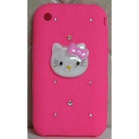Hello Kitty Iphone 3g Hot Pink Silicone Case with 3-d Kitty Face and Swarovski Crystals