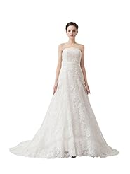 A-line Strapless Lace Satin Wedding Dress  with a Court Train  With a Sash 