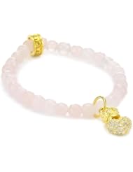 King Baby 6mm Rose Quartz Bead Bracelet with 18K Vermeil 3D Pave Cubic-Zirconia Crowned Heart