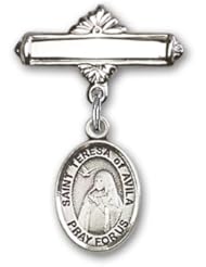 Sterling Silver Baby Badge with St. Teresa of Avila Charm and Polished Badge Pin
