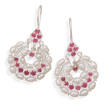 Ruby and Cultured Freshwater Pearl Earrings 925 Sterling Silver