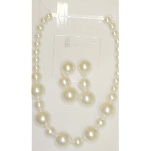 One Strand Simulated White Pearl Short Chain Genuine Silver Plated Necklace Earrings for Women and...