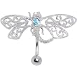 Sterling Silver 925 Aqua Cz Diamond Dust Dragonfly Belly Ring