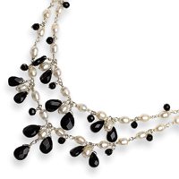 Sterling Silver Black Crystal White Pearl Child Necklace - 15 Inch - Lobster... by JewelryWeb
