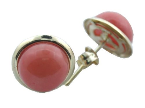 Pink Coral Round Button Earrings, 14k Gold