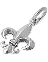 Sterling Silver Fleur De Lis Pendant Fashion French Cute Charm Pure 925 New 14mm with 1.2mm Rope Chain
