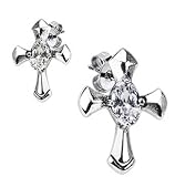 Polished Stainless Steel Biker Stud Earrings With Celtic Cross Design and Clear Oval Cubic Zirconia