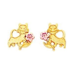 14K Two Tone Gold Cat and Flower Stud Earrings Jewelry
