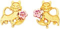 14K Two Tone Gold Cat & Flower Stud Earrings Jewelry