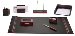 Desk Accessory Set, 8-piece Rosewood and Genuine Top-grain Black Leather