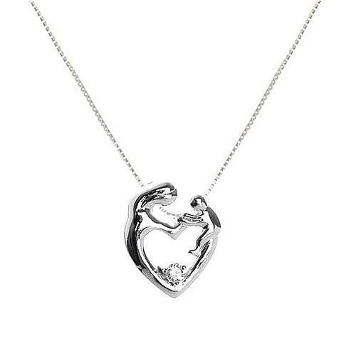 Sterling Silver Mother and Baby White CZ Heart Pendant on 18in Chain Necklace