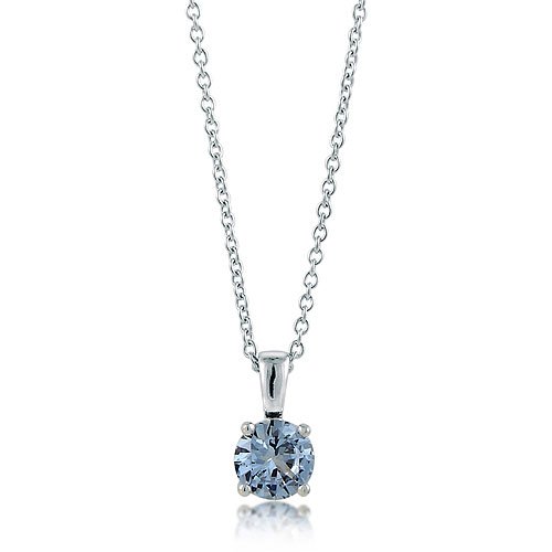 Sterling Silver 925 Aquamarine CZ Solitaire Pendant Necklace - 7mm