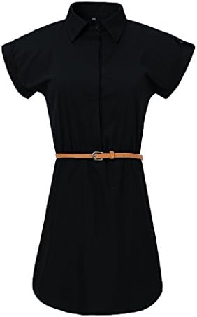 MiYang Women's Pinup Cap Sleeve Stretch Chiffon Casual Ol Belt Shirt Mini Dress, Black , XL