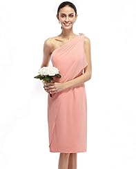 One Shoulder Knee Length Natural   Waistline Lace Draped Sheath Chiffon Bridesmaid Dress 