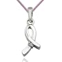 Platinum Plated Sterling Silver Genuine Diamond Accent Ribbon Pendant on Pink Thread, 18"